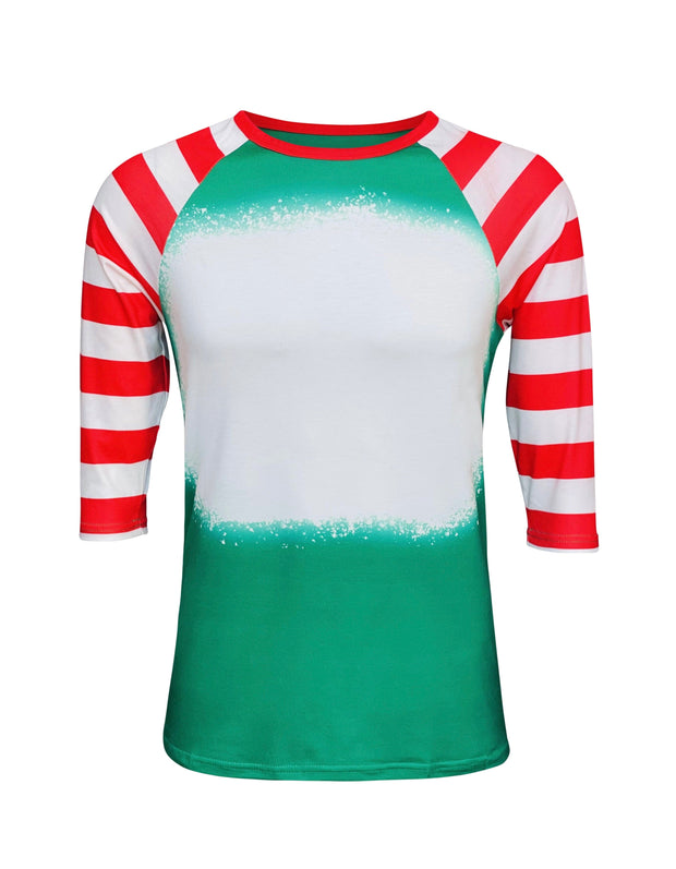 ILTEX Apparel Women's Clothing Green Red Candy Cane Raglan Blank Faux Bleached Top