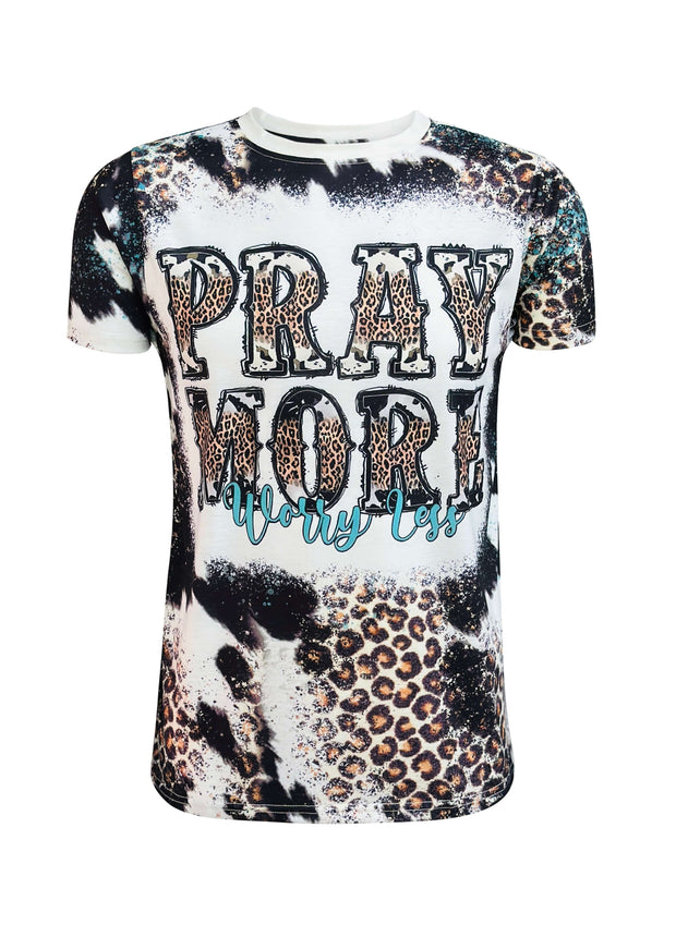 ILTEX Apparel Women's Clothing Pray More Worry Less Cheetah Cow Faux Bleached Top
