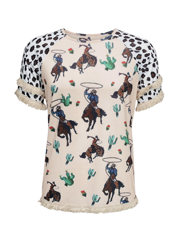 ILTEX Apparel Women's Clothing Rodeo Horse Cream Cheetah Tassel Tunic Top