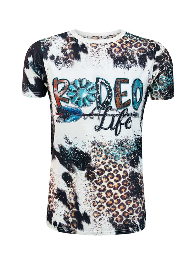 ILTEX Apparel Women's Clothing Rodeo Life Cheetah Cow Faux Bleached Top