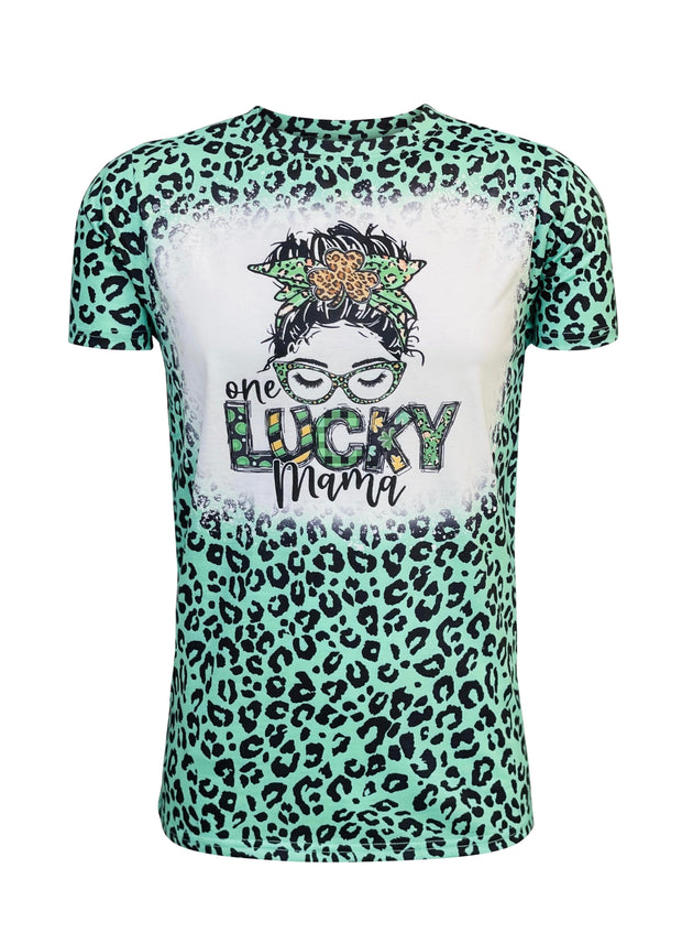 ILTEX Apparel Women's Clothing St. Patricks Lucky Mama Green Cheetah Faux Bleached Top