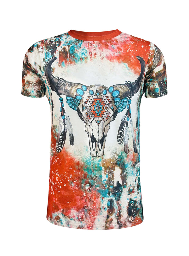 ILTEX Apparel Women's Clothing Steer Skull Aztec Cow Faux Bleached Top