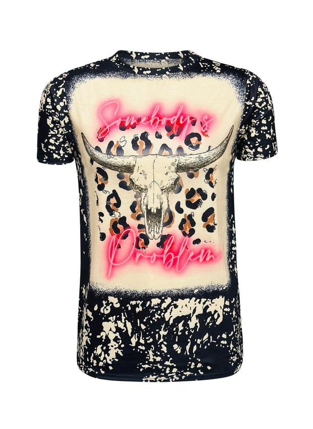 ILTEX Apparel Women's Clothing Steer Skull 'Somebody's Problem' Faux Bleached Top